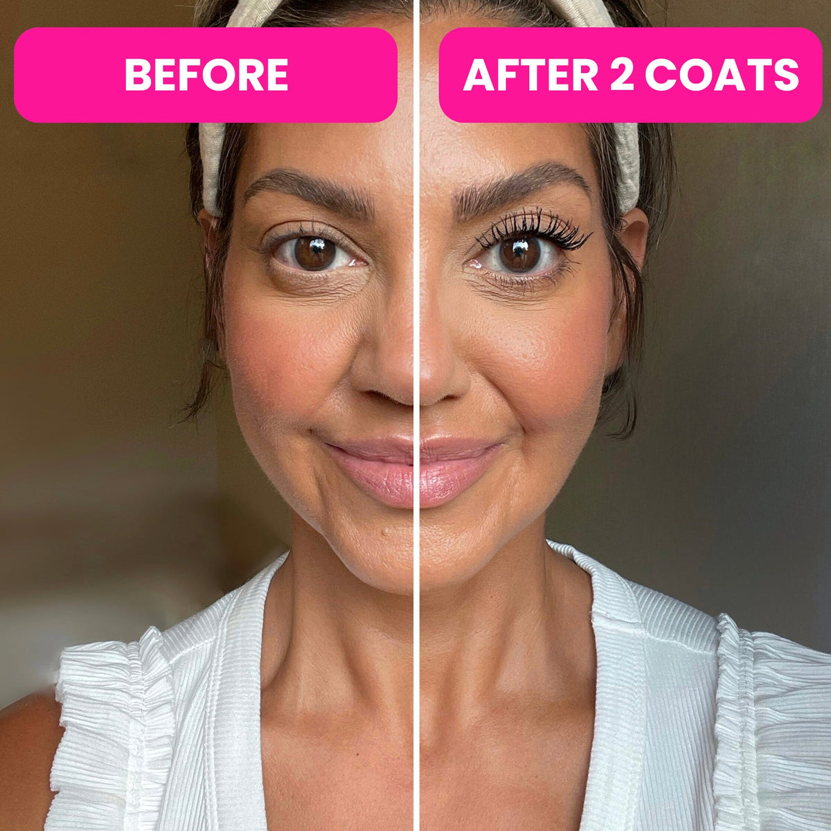A woman’s face split down the middle shows “Before” with bare lashes and “After 2 Coats” of the Mega Glam Bundle, revealing longer, defined eyelashes that highlight the stunning effect of this product.