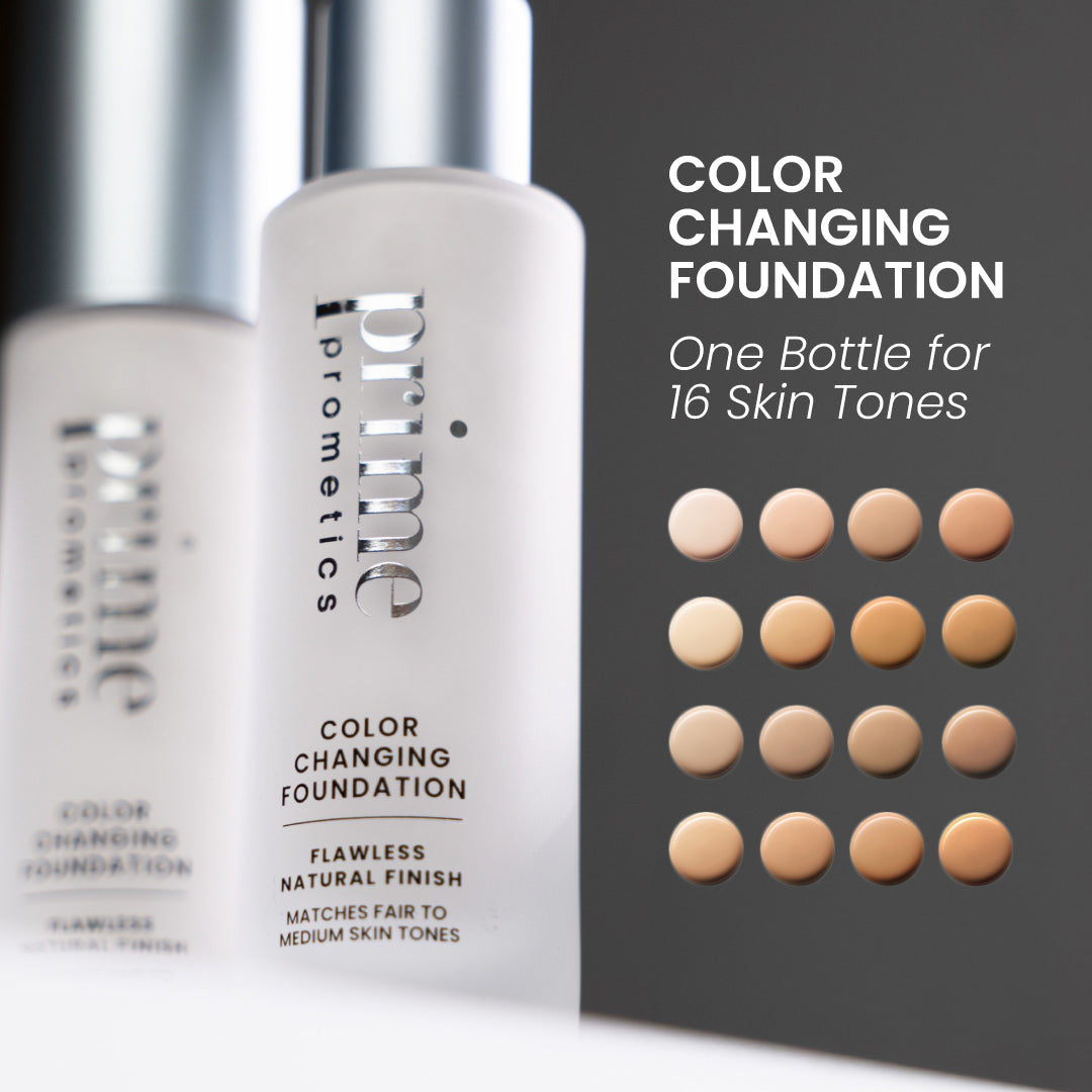 Prime Prometics Color Changing Foundation: one bottle for 16 skin tones, with a 4 by 4 grid of swatches from fair to deeper shades